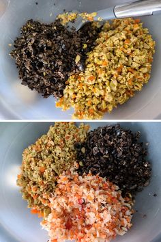 two pictures of different types of food in a bowl on the same plate, one with carrots and rice