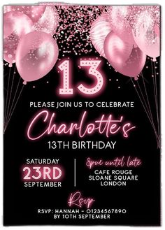 a pink and black 13th birthday party with balloons