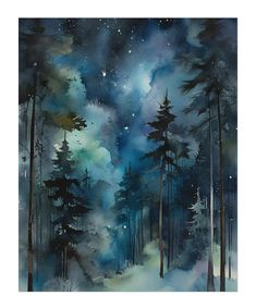 watercolor painting of trees and stars in the night sky