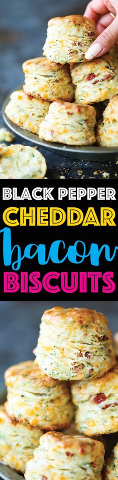 the black pepper cheddar bacon biscuits are stacked on top of each other and ready to be eaten