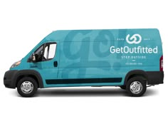 a blue van with the words getoutfited written on it's side