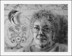 an older woman with curly hair and glasses is looking at the camera while standing in front of a drawing