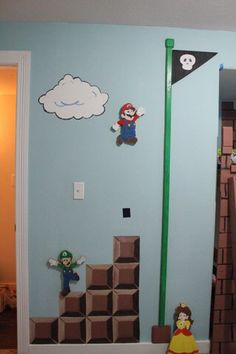 a room decorated with paper mario and other decorations