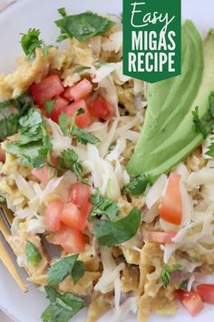 migas on plate with fork, topped with sliced avocado Spicy Pickled Vegetables Recipe, Easy Migas Recipe, Mexican Breakfast Dishes, Migas Recipe, Traditional Mexican Breakfast, Taco Tuesday Recipes, Pickled Vegetables Recipe, Super Easy Breakfast, Easy Taco Recipes