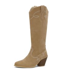 Shop Women's Camel Suede Embroidered Cowboy Boots Block Heel Pointed Toe Knee High Boots color Camel for Dancing Club, Night Club, Party with worldwide Free shipping & Free return. Western Beige Embroidered Boots, Embroidered Beige Western Boots, Western Embroidered Beige Boots, Beige Embroidered Boots For Fall, Embroidered Beige Boots For Fall, Winter Rodeo Heeled Boots, Heeled Boots For Western-themed Winter Events, Brown Embroidered Winter Boots, Fall Rodeo Embroidered Boots