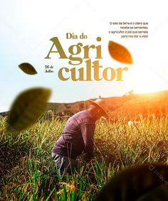 a man kneeling down in the grass with leaves flying around him and an advertisement for agri cultor