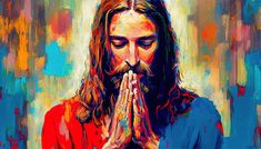 a painting of jesus praying with his hands in front of his face and eyes closed