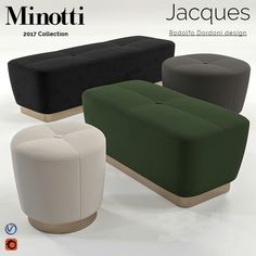 three different colored stools sitting next to each other on a white surface with the words,'minotti jacques '