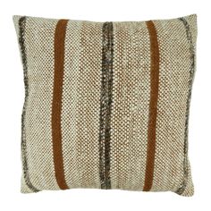 a brown and white striped pillow on a white background with an orange stripe in the middle