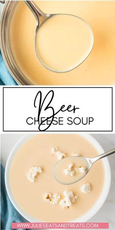 a bowl of cheese soup with a spoon in it and the words beer cheese soup below