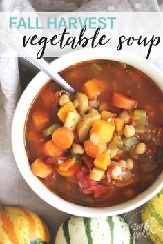 a white bowl filled with vegetable soup next to some watermelon and pumpkins