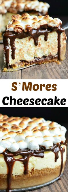 s'mores cheesecake with chocolate drizzle on top