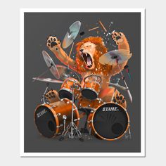 an image of a lion playing drums with his mouth open and hands in the air