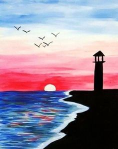 a painting of a lighthouse with birds flying in the sky above it and water below