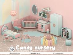 an image of a baby nursery room with furniture and accessories in pastel colors on the walls