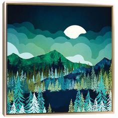 a painting with trees, mountains and the moon in the sky above it on a wooden frame