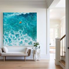 Abstract Modern Green Ocean Painting A people Floating in the Blue Green Sea Original Hand Painted Floating in the Ocean Acrylic Painting Art Surf Art Painting, Swimming Art, Retro Painting, Green Minimalist, Coastal Artwork, Painting Green, Green Ocean, Holiday Painting, Beach Blue