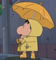 a cartoon character holding an umbrella in the rain