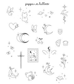 some cute tattoos that are on the back of a sheet of paper with stars, moon and