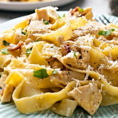 pasta with chicken and parmesan cheese on a plate