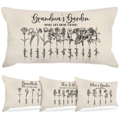 three pillows with flowers on them and the words grandma's garden in black ink