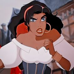 an animated image of a woman with black hair and blue eyes, wearing a white shirt