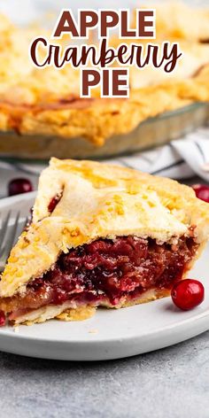 a slice of apple cranberry pie on a plate