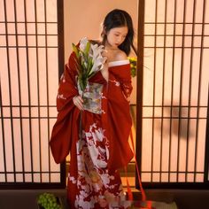 Color: Red, Size: One Size Yellow Kimono, Kimono Traditional, Kimono Outfits, Red Kimono, Traditional Japanese Kimono, Dress Traditional, Casual Kimono, Beautiful Kimonos, Japanese Aesthetic