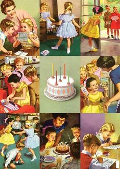 a collage of pictures with children and birthday cakes