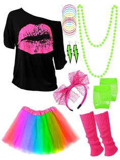 PRICES MAY VARY. Package includes: 1 piece lips print t-shirt, 1 piece tutu skirt, 1 pair fingerless fishnet gloves, 1 pair leg warmers, 1 pair retro neon earrings, 1 piece lace headband, 1 piece neon necklace, 10 pieces neon silicone bracelet, complete your demands on a 80's costume accessories Material: materials include modal cotton, nylon, polyester, spandex, PVC and acrylic; Note: since the clothes are stored in the warehouse, you receive them may have a smell, it is recommended to wash the Last Minute Easy Halloween Costumes, Womens 80s Costume, 80s Outfits Women, 1980s Fancy Dress, 80s Fashion Party, 80s Party Outfits, Fishnet Gloves, Spooky Ideas, 40th Birthday Ideas