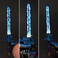 three pictures of a blue and black warhammer with two glowing lights on it's arms