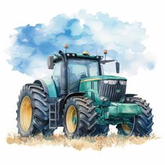 a painting of a tractor in the middle of a field