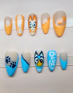 Bluey & Bingo nails Bingo Nails, Cartoon Nail Designs, Rounded Acrylic Nails, Bluey And Bingo, Bluey Bingo, Medium Almond, Cute Simple Nails, Alcohol Wipes, Acrylic Press On Nails