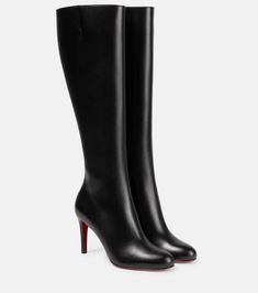 Pumppie Botta leather knee-high boots in black - Christian Louboutin | Mytheresa Louboutin Boots, Louboutin Online, Leather Knee High Boots, Round Toe Shoes, Pointed Toe Boots, Christian Louboutin Women, Knee High Leather Boots, Evening Shoes, Louboutin Shoes