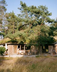 an old log cabin is surrounded by tall grass and trees with people sitting at the table