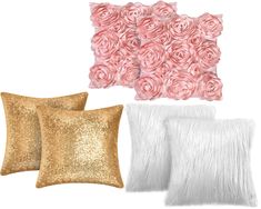 pink and white pillows with gold sequins, rose - shaped throw pillows, and faux fur