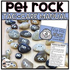 the pet rock tag and care manual is displayed on a table with rocks in it