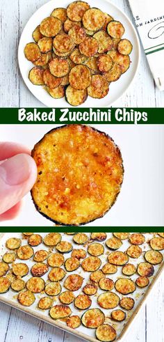 baked zucchini chips on a white plate and in a pan with the same topping