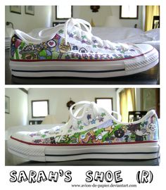 two pictures of shoes with cartoon characters painted on them