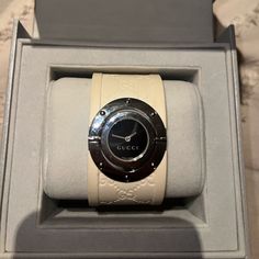 Gucci Twirl Watch With Cream Rubber Band And Silver Hardware! Some Minor Wear And Does Not Come With A Box Or Tags! Open To Reasonable Offers! Gucci Accessories, Rubber Band, Rubber Bands, Silver Hardware, A Box, Accessories Watches, Women Accessories, Gucci, Band