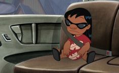 an animated image of a baby sitting on a seat in the back of a car