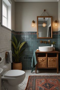 a bathroom with a sink, mirror and rug