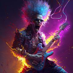 an image of a man playing guitar with fire and paint splatters around him