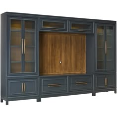 an entertainment center with glass doors and drawers