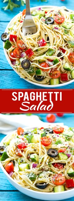 spaghetti salad with olives and tomatoes in a white bowl on a blue wooden table