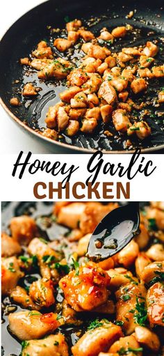 honey garlic chicken in a skillet being stirred with a ladle and then topped with parsley