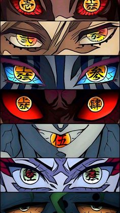 anime eyes with different colors and designs on them, all showing the same color scheme