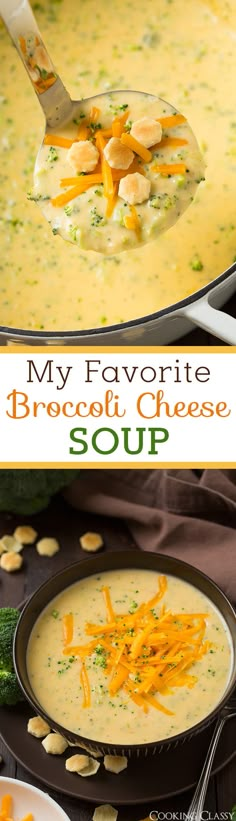 broccoli cheese soup in a pan with a spoon