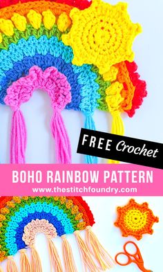 the free crochet boho rainbow pattern is shown with scissors and yarns