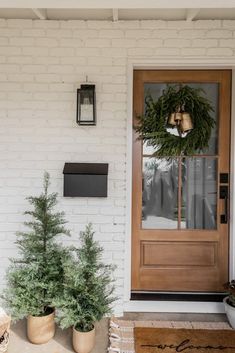 two potted plants sitting on the front porch next to a wooden door and mailbox